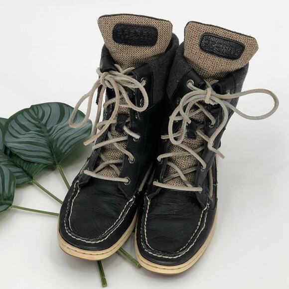 Sperry Black Gray Cream Leather Lace-Up Fold Over Wool Lined Acklin Boots Shoes - Picture 3 of 10